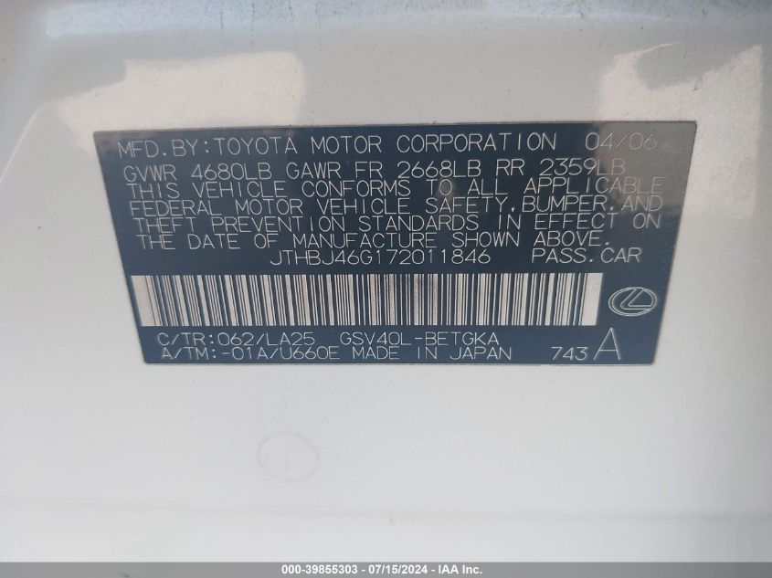 JTHBJ46G172011846 2007 Lexus Es 350