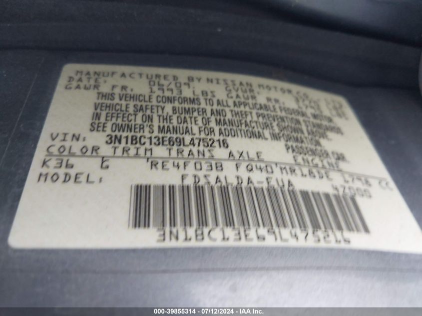 2009 Nissan Versa 1.8S VIN: 3N1BC13E69L475216 Lot: 39855314