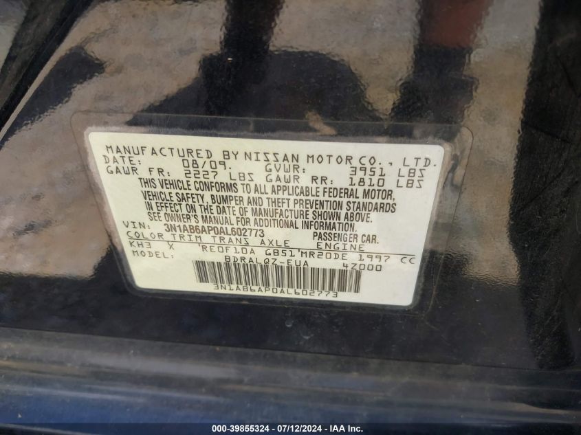 2010 Nissan Sentra 2.0 VIN: 3N1AB6AP0AL602773 Lot: 39855324