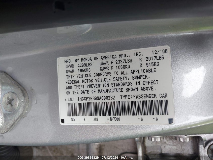 2009 Honda Accord 2.4 Lx VIN: 1HGCP26399A090232 Lot: 39855329