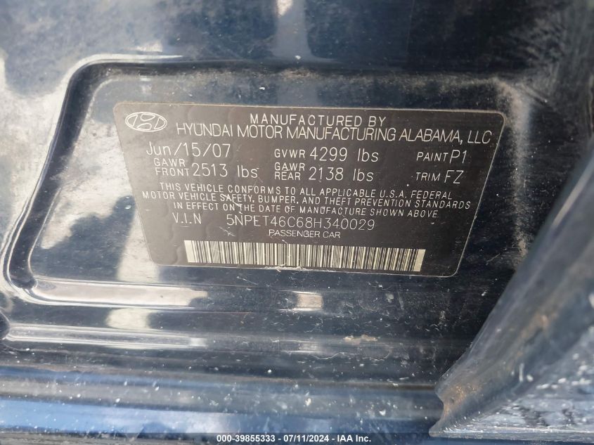 5NPET46C68H340029 | 2008 HYUNDAI SONATA