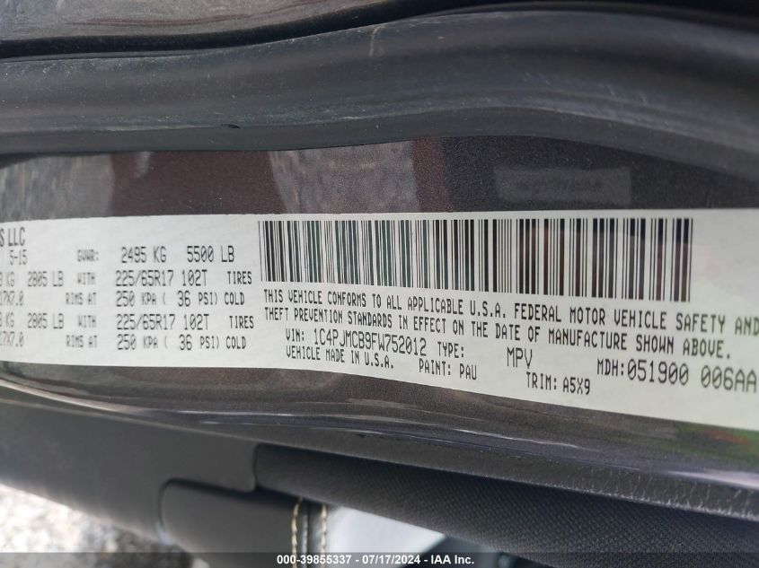 2015 Jeep Cherokee Latitude VIN: 1C4PJMCB9FW752012 Lot: 39855337