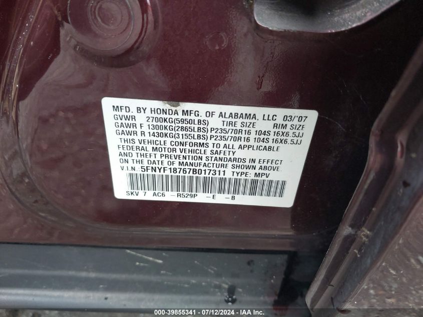 2007 Honda Pilot Ex-L VIN: 5FNYF18767B017311 Lot: 39855341