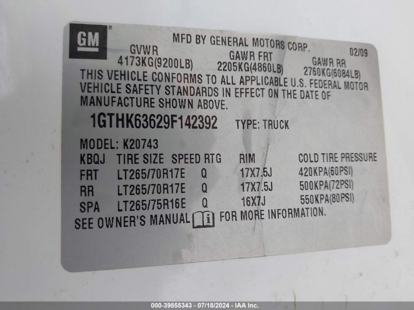 2009 GMC Sierra 2500Hd Slt VIN: 1GTHK63629F142392 Lot: 39855343