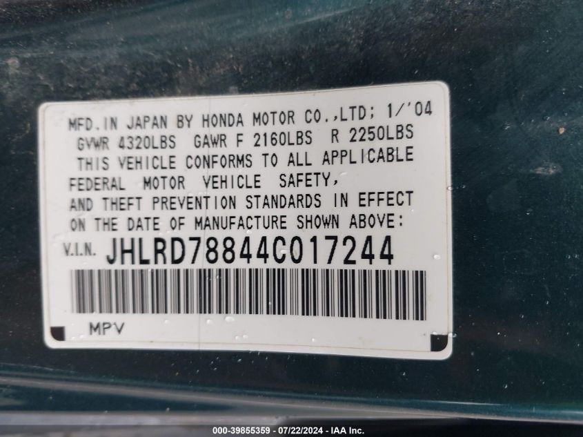 2004 Honda Cr-V Ex VIN: JHLRD78844C017244 Lot: 39855359