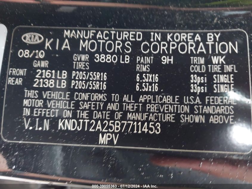 2011 Kia Soul + VIN: KNDJT2A25B7711453 Lot: 39855363