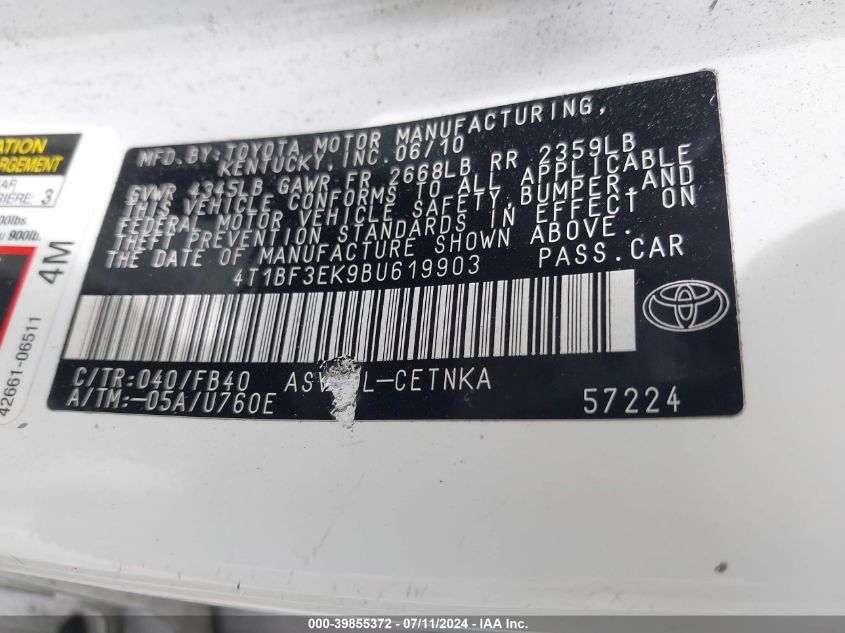 4T1BF3EK9BU619903 | 2011 TOYOTA CAMRY