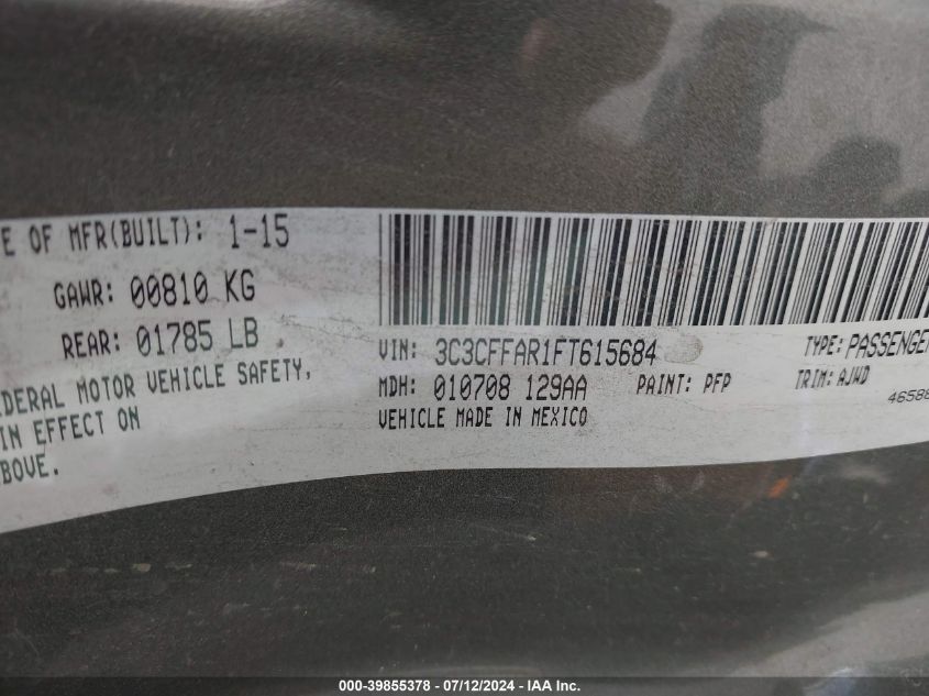 2015 Fiat 500 Pop VIN: 3C3CFFAR1FT615684 Lot: 39855378