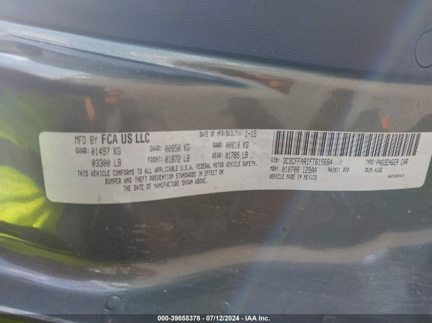 2015 Fiat 500 Pop VIN: 3C3CFFAR1FT615684 Lot: 39855378