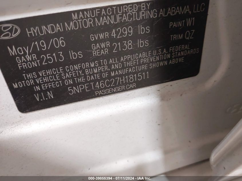 2007 Hyundai Sonata Gls VIN: 5NPET46C27H181511 Lot: 39855394
