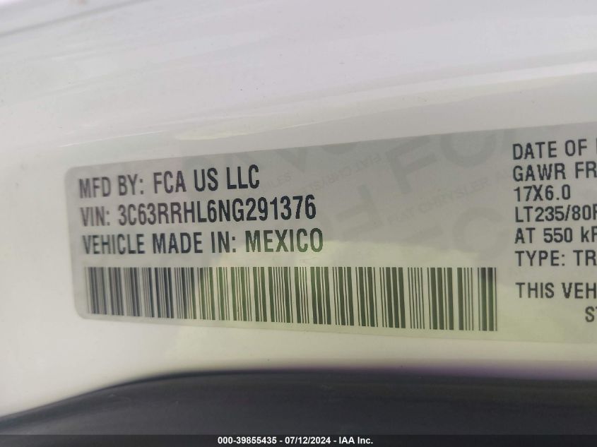 2022 Ram 3500 Big Horn 4X4 8' Box VIN: 3C63RRHL6NG291376 Lot: 39855435