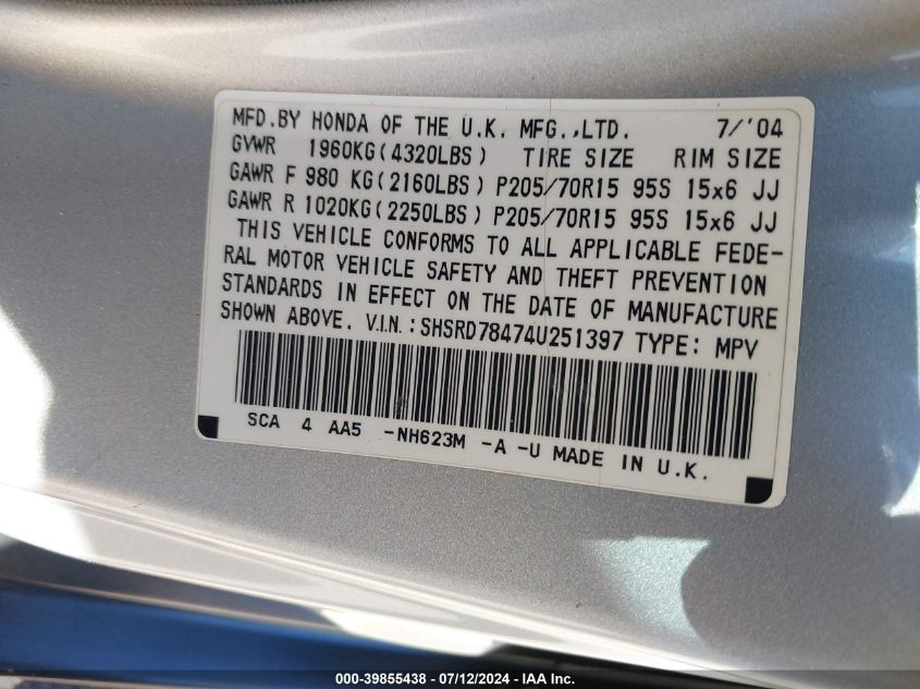2004 Honda Cr-V Lx VIN: SHSRD78474U251397 Lot: 39855438