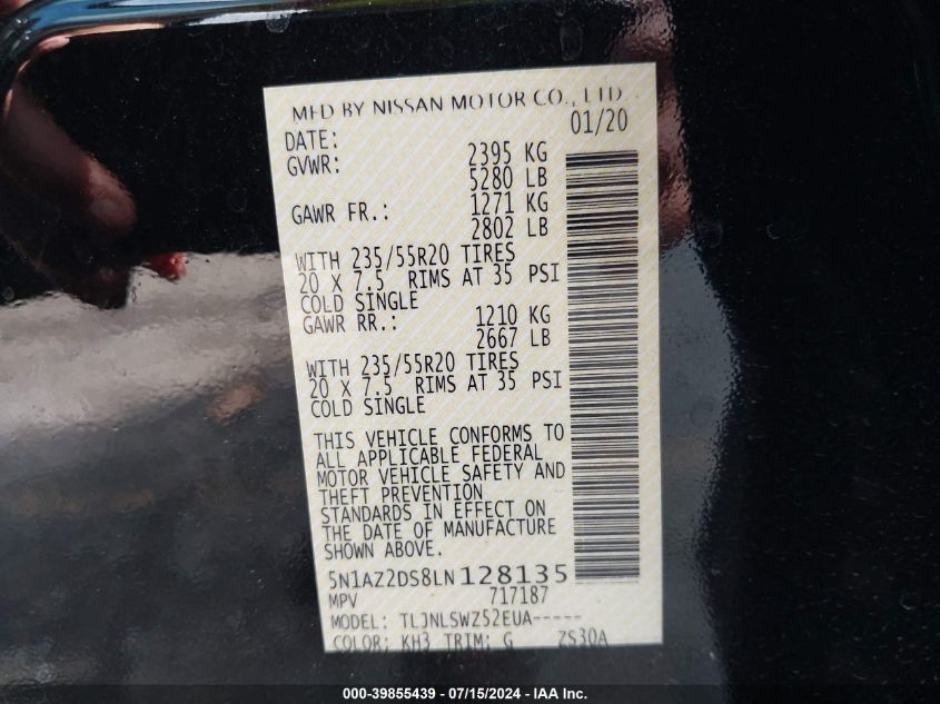 2020 Nissan Murano Platinum Intelligent Awd VIN: 5N1AZ2DS8LN128135 Lot: 39855439