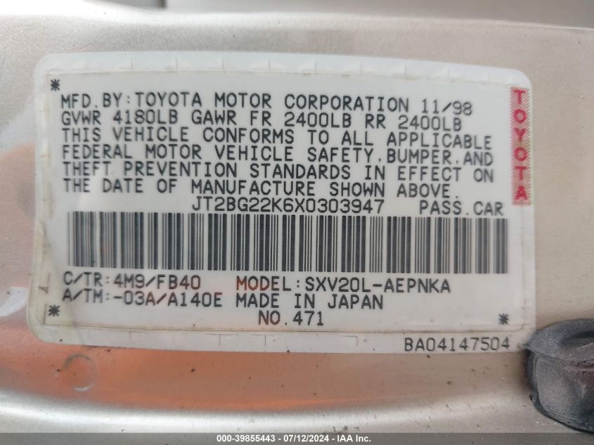 1999 Toyota Camry Le VIN: JT2BG22K6X0303947 Lot: 39855443