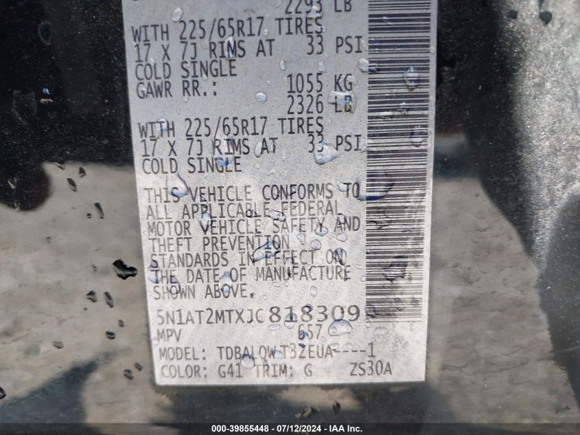 2018 Nissan Rogue Sv VIN: 5N1AT2MTXJC818309 Lot: 39855448