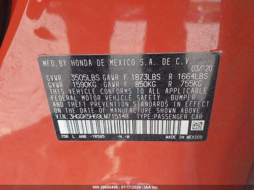 2020 HONDA FIT SPORT - 3HGGK5H69LM715148