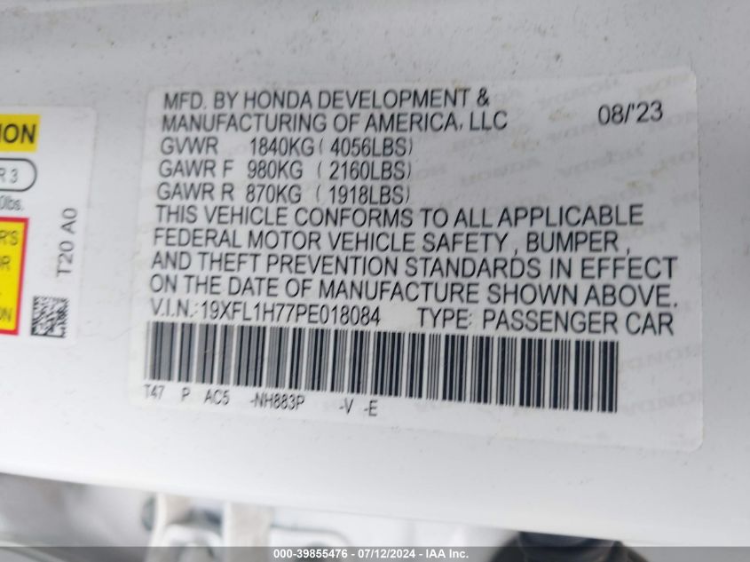 2023 Honda Civic Ex-L /Ex-L W/O Bsi VIN: 19XFL1H77PE018084 Lot: 39855476