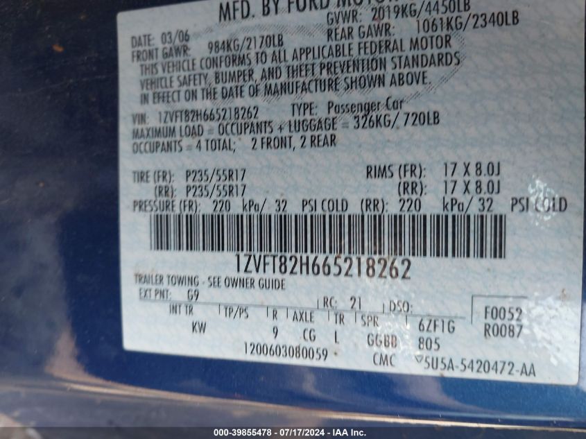 2006 Ford Mustang Gt VIN: 1ZVFT82H665218262 Lot: 39855478