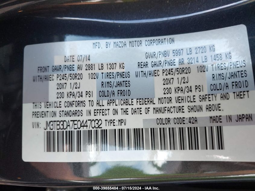 2014 Mazda Cx-9 Grand Touring VIN: JM3TB3DA7E0447032 Lot: 39855484