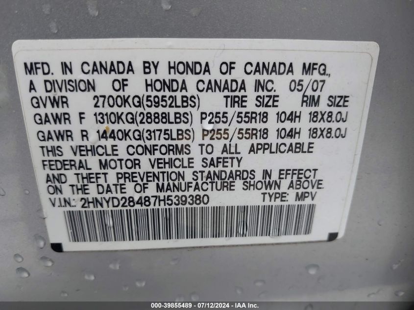 2007 Acura Mdx Technology VIN: 2HNYD28487H539380 Lot: 39855489
