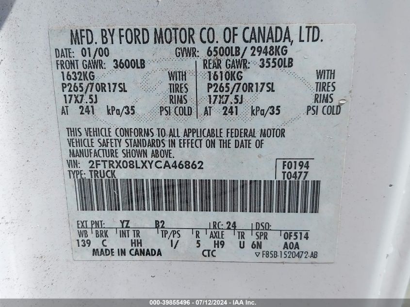 2000 Ford F-150 Lariat/Xl/Xlt VIN: 2FTRX08LXYCA46862 Lot: 39855496