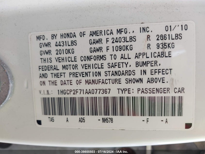2010 Honda Accord 2.4 Ex VIN: 1HGCP2F71AA077367 Lot: 39855503