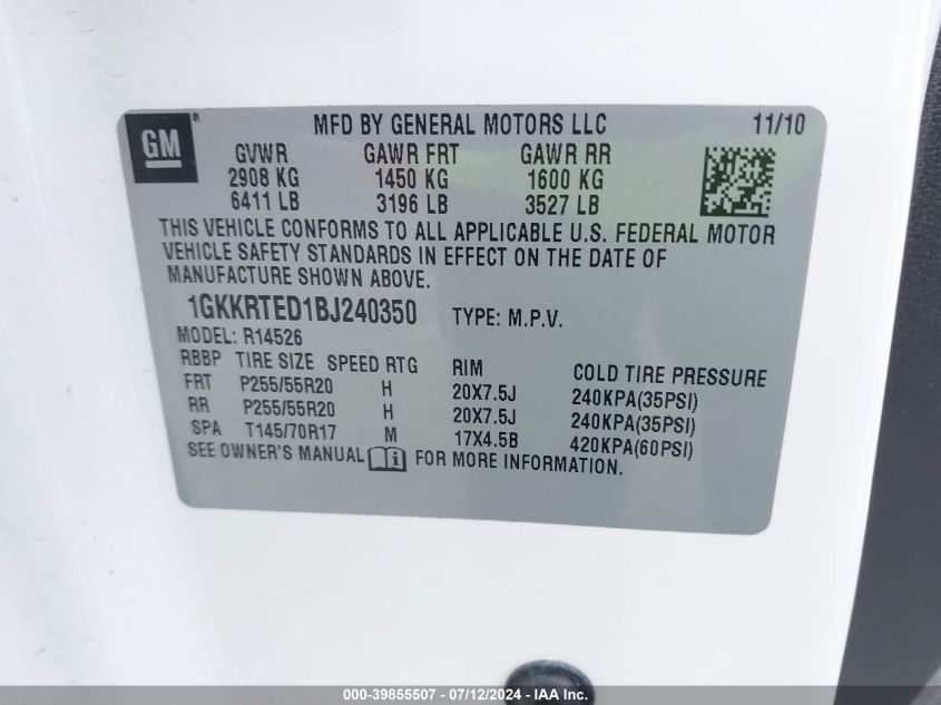 2011 GMC Acadia Denali VIN: 1GKKRTED1BJ240350 Lot: 39855507