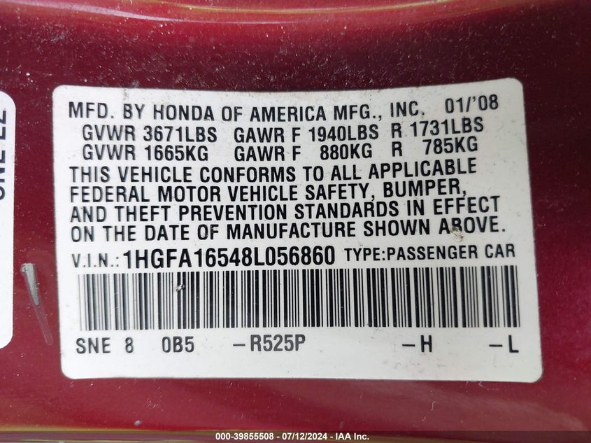 2008 Honda Civic Lx VIN: 1HGFA16548L056860 Lot: 39855508