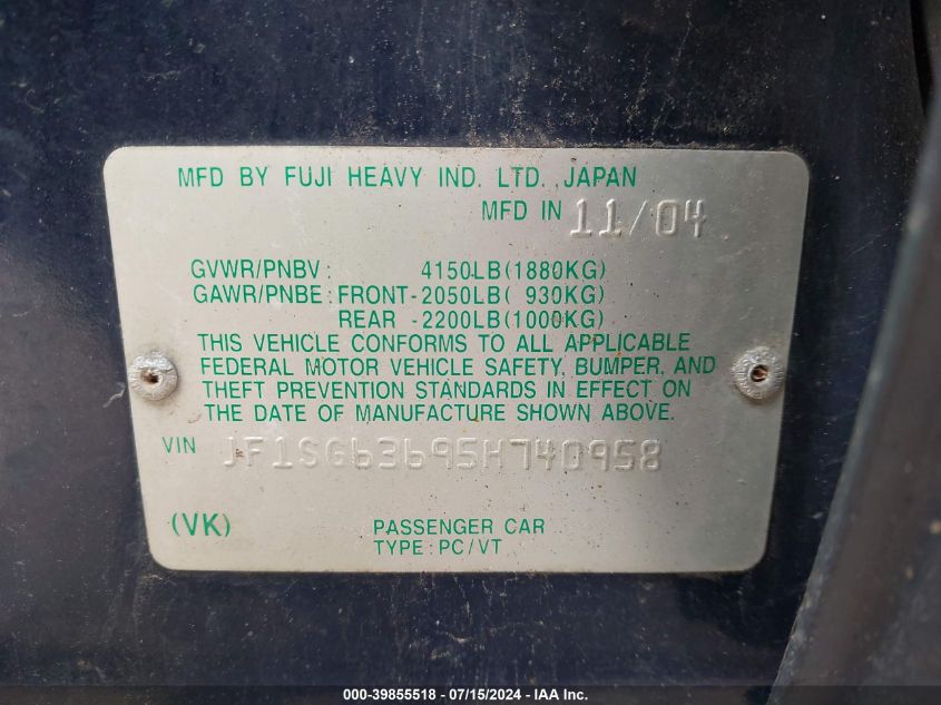 2005 Subaru Forester 2.5X VIN: JF1SG63695H740958 Lot: 39855518