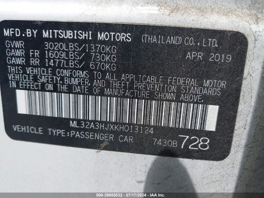 2019 Mitsubishi Mirage Rf VIN: ML32A3HJXKH013124 Lot: 39855532