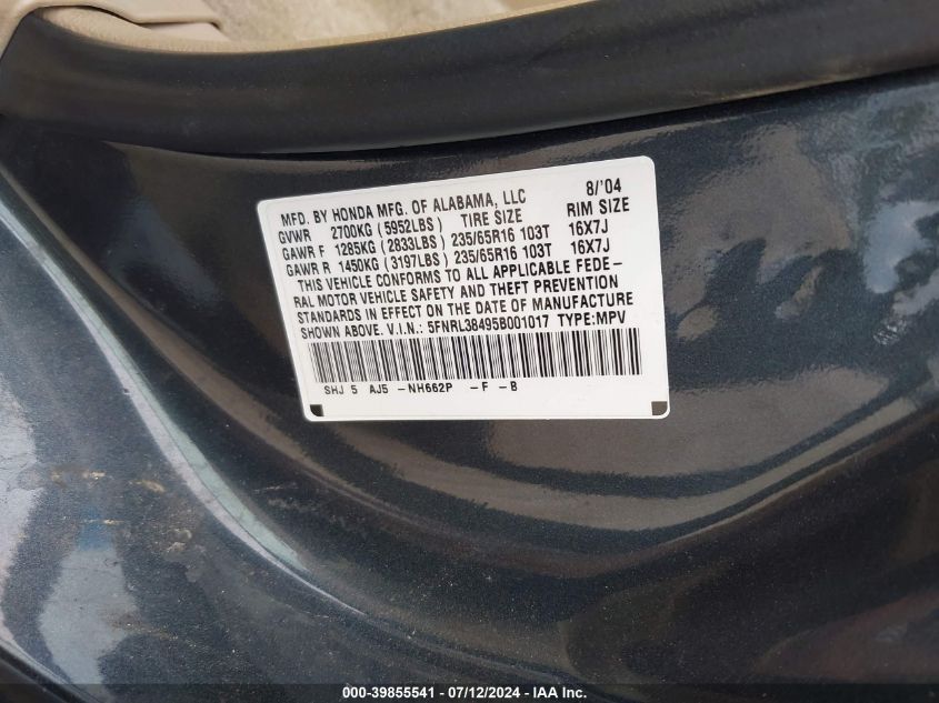 2005 Honda Odyssey Ex VIN: 5FNRL38495B001017 Lot: 39855541