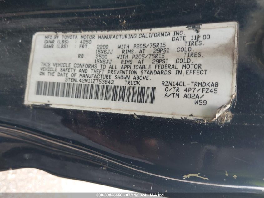 2001 Toyota Tacoma VIN: 5TENL42N11Z753843 Lot: 39855550