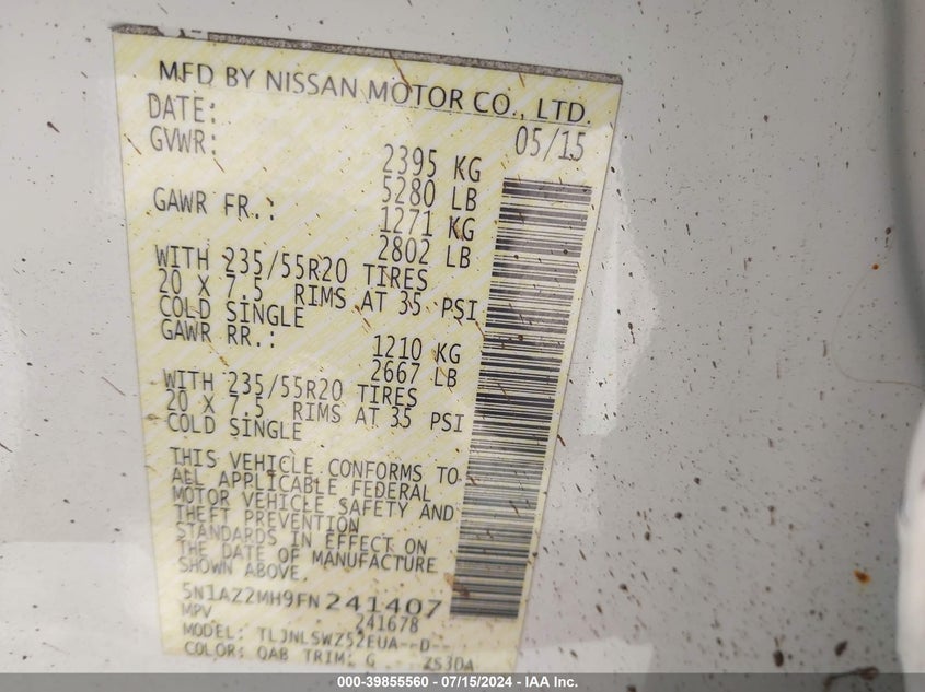 2015 Nissan Murano Platinum VIN: 5N1AZ2MH9FN241407 Lot: 39855560