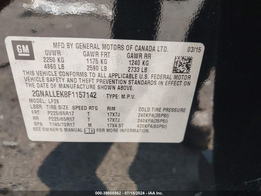 2015 Chevrolet Equinox L VIN: 2GNALLEK8F1157142 Lot: 39855562