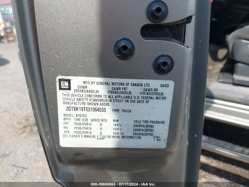 2003 GMC Sierra 1500 Sle VIN: 2GTEK19T631364533 Lot: 39855563