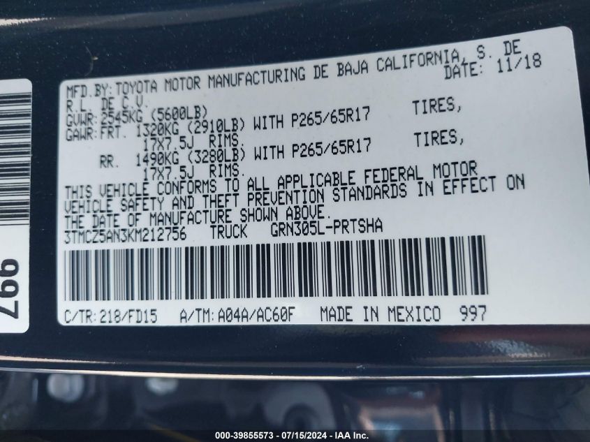 2019 Toyota Tacoma Trd Sport VIN: 3TMCZ5AN3KM212756 Lot: 39855573