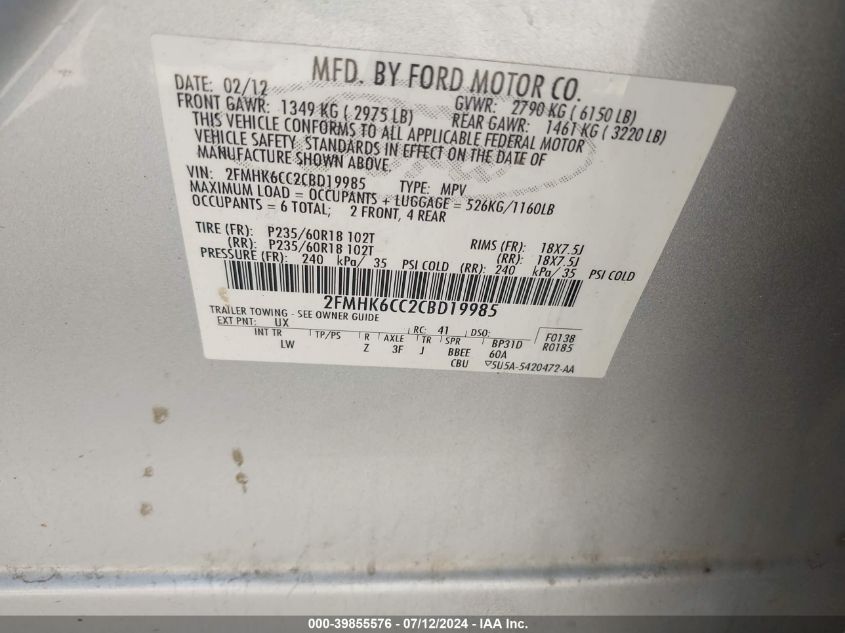 2012 Ford Flex Sel VIN: 2FMHK6CC2CBD19985 Lot: 39855576