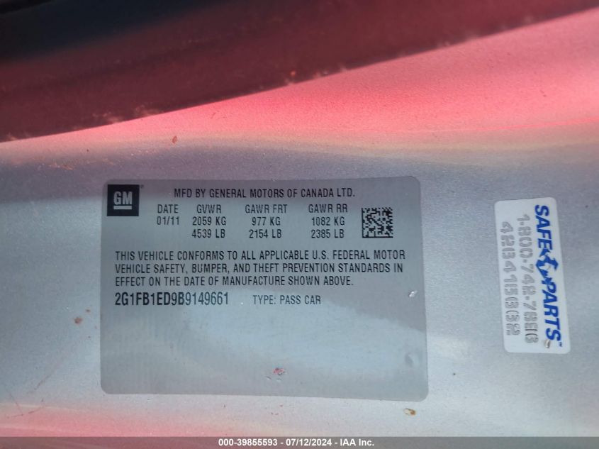 2011 Chevrolet Camaro Lt VIN: 2G1FB1ED9B9149661 Lot: 39855593