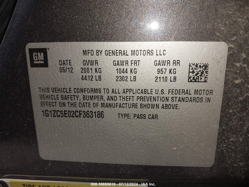 2012 Chevrolet Malibu 1Lt VIN: 1G1ZC5E02CF363186 Lot: 39855610