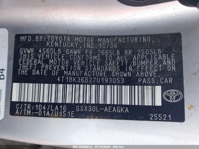 2007 Toyota Avalon Xls VIN: 4T1BK36B27U193053 Lot: 39855613