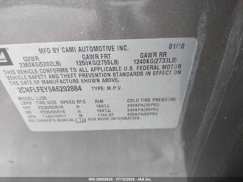 2010 Chevrolet Equinox Ltz VIN: 2CNFLFEY9A6292884 Lot: 39855630