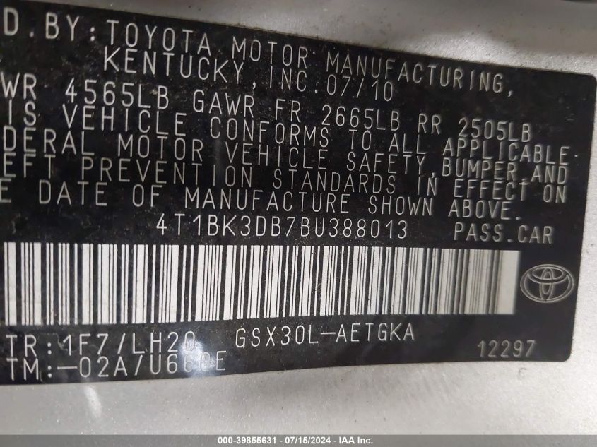 4T1BK3DB7BU388013 2011 Toyota Avalon