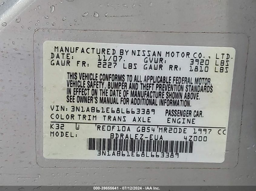 2008 Nissan Sentra 2.0 S VIN: 3N1AB61E68L663389 Lot: 39855641