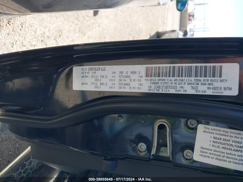 2009 Dodge Ram 1500 Laramie VIN: 1D3HB13T39S722323 Lot: 39855649