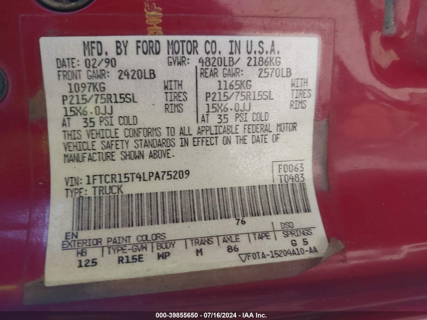 1990 Ford Ranger Super Cab VIN: 1FTCR15T4LPA75209 Lot: 39855650