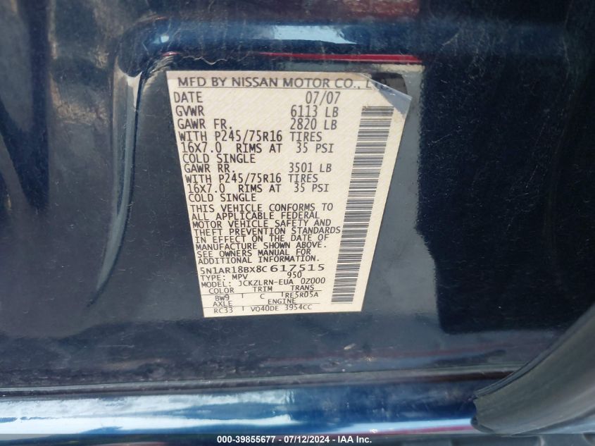 2008 Nissan Pathfinder S VIN: 5N1AR18BX8C617515 Lot: 39855677