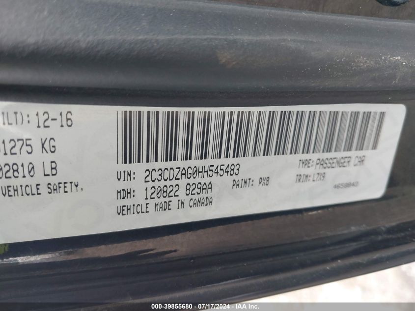 2017 Dodge Challenger Sxt VIN: 2C3CDZAG0HH545483 Lot: 39855680