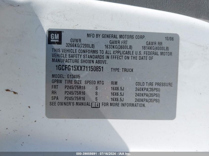 2007 Chevrolet Express Work Van VIN: 1GCFG15XX71150851 Lot: 39855691