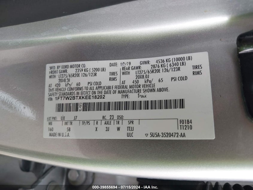 2019 Ford F-250 Lariat VIN: 1FT7W2BTXKEE18202 Lot: 39855694