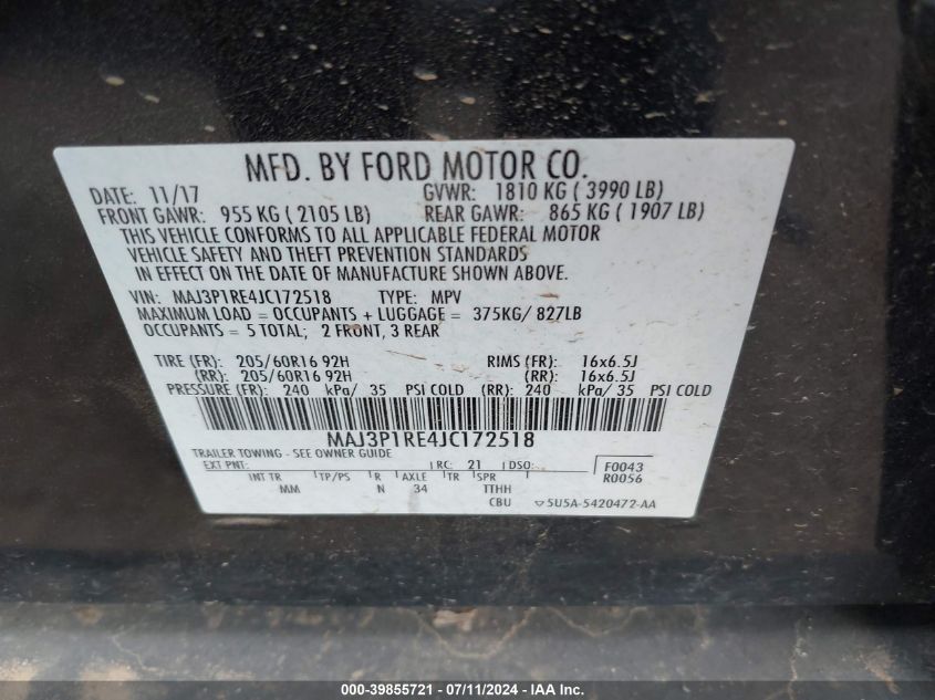 2018 Ford Ecosport S VIN: MAJ3P1RE4JC172518 Lot: 39855721